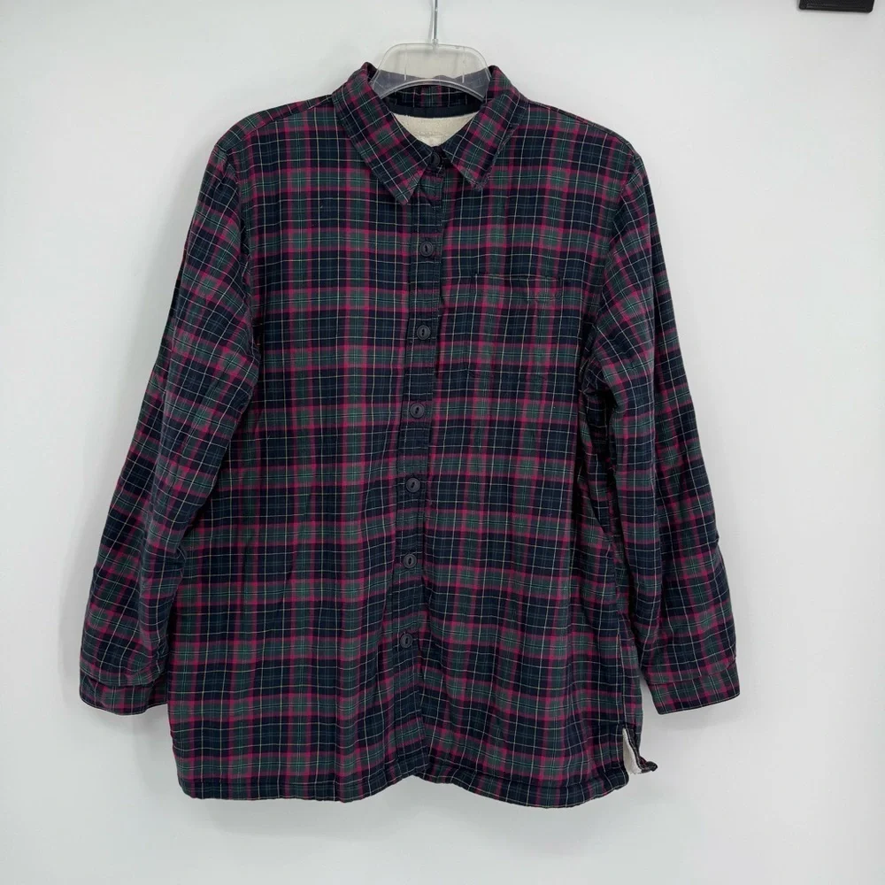 LL Bean Shirt Jacket Womens Size M Fleece Lined Flannel Plaid Button Up Blue Red - Picture 10 of 10